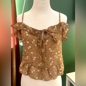 Tie Front Ruffle Floral Sheer Cami Tank Crop Top; Women’s Small